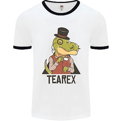 TeaRex Funny T-Rex Dinosaur Tea Drinker Mens White Ringer T-Shirt
