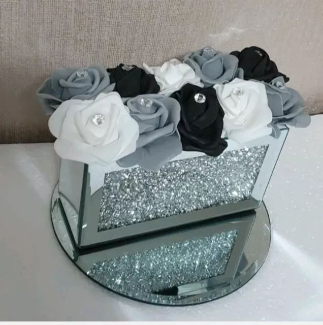 Artificial Grey black and white flowers in crushed diamond mirror vase ornament