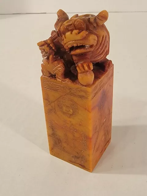 Vintage Chinese Carved Stone Shoushan Dragon Stamp Seal CLAY