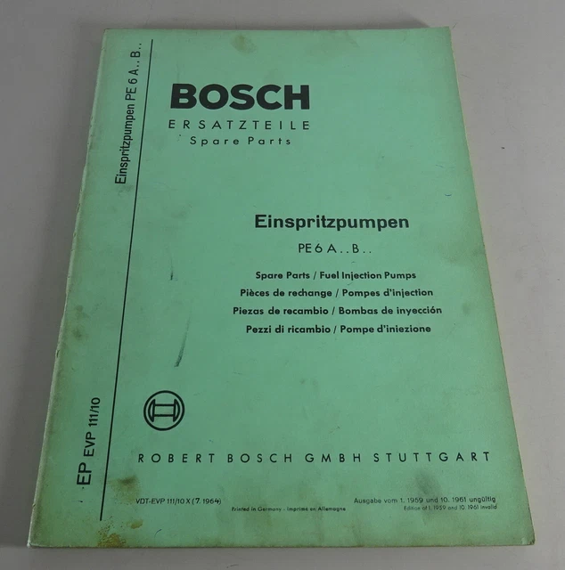 PARTS CATALOG BOSCH Injection Pumps Pe 6 a B Stand 07/1964 29.94