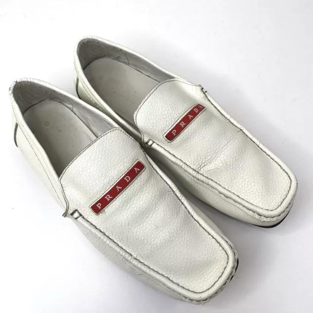 Vintage PRADA Shoes Mens Size 42 US 9 Driving Loafers White Leather Italy