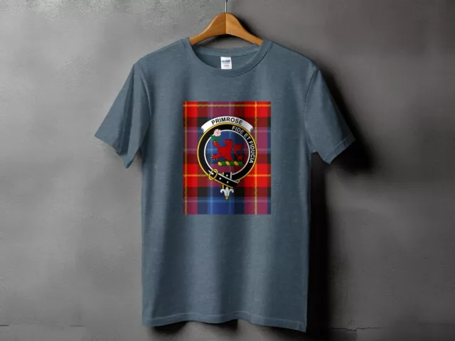 Primrose Clan Tartan T-Shirt, Scottish Heritage Crest, Unisex Plaid Tee