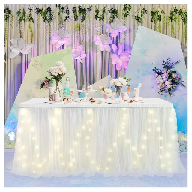 White Tulle Table Skirt with Lights Tutu Cloth Cover for Round and Rectan...