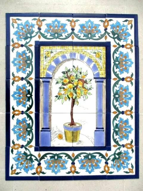 24" x 30" Hand Painted Ceramic tile art citrus Lemon tree mural Panel BACKSPLAH