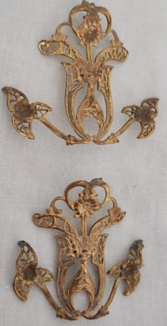 2 French Antique Gilded Gold Victorian Furniture Decoration Appliqué Accent