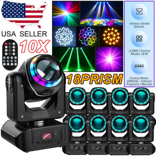 18Prism Moving Head Light LED DMX RGBW Gobo Beam Stage Lighting Disco Party
