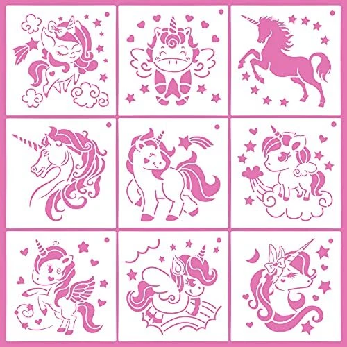 OOTSR Lot de 9 pochoirs licorne - 19 x 19 cm - Pour scrapbooking, dessin, peintu