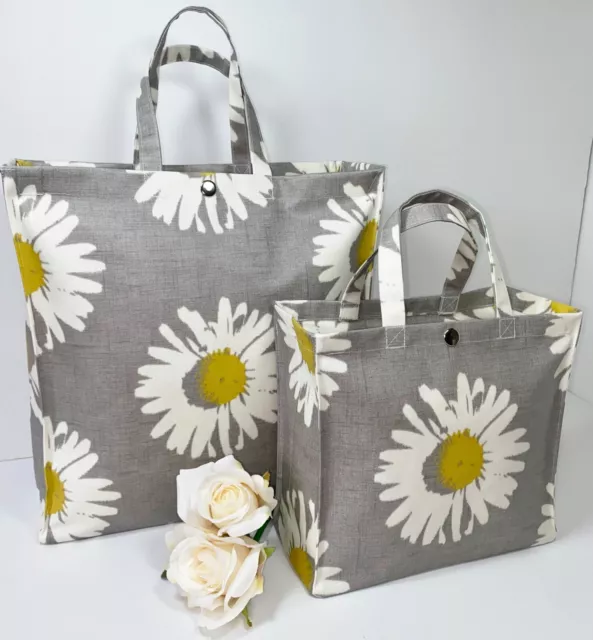 UK Handmade 100% Cotton Oilcloth Tote Bags, Capri Smoke Large Daisy Pattern