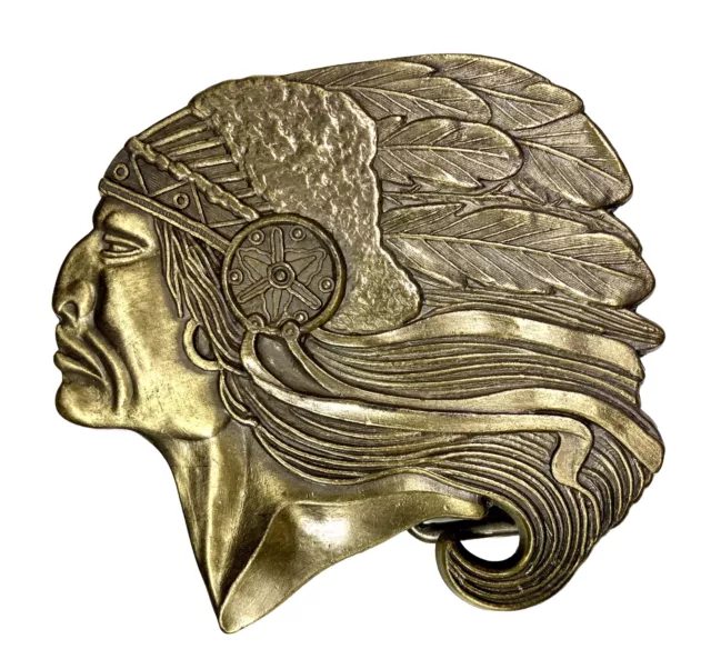 Native American Head Side View Chief Indian Headdress Vintage Brass Belt Buckle