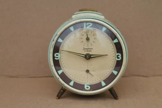 Antique Old German Desk Clock Junghans Bivox  Watch Alarm