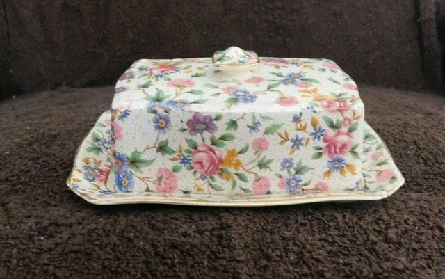 Vintage Royal Winton Ivory Old Cottage Chintz Cover Butter Dish England