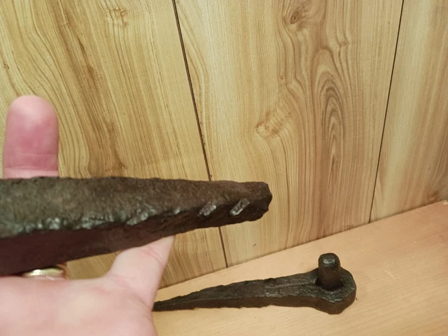 2 Antique Handforged Iron Barn Door Hinges N.S. metal detecting find 1790 farm 14