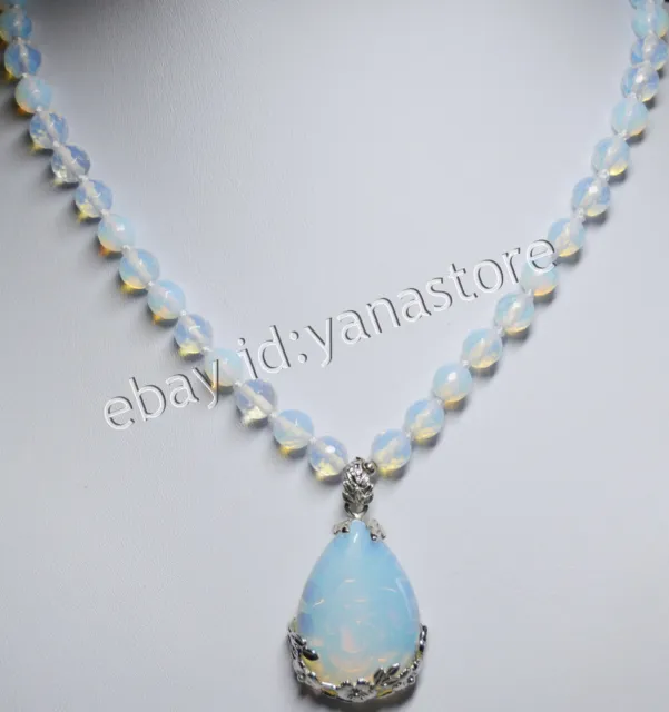 Facettierte Weiß Opal Mondstein Rund Edelsteine Perlen Träne Anhänger Halsketten