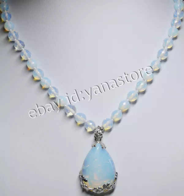 Facettierte Weiß Opal Mondstein Rund Edelsteine Perlen Träne Anhänger Halsketten