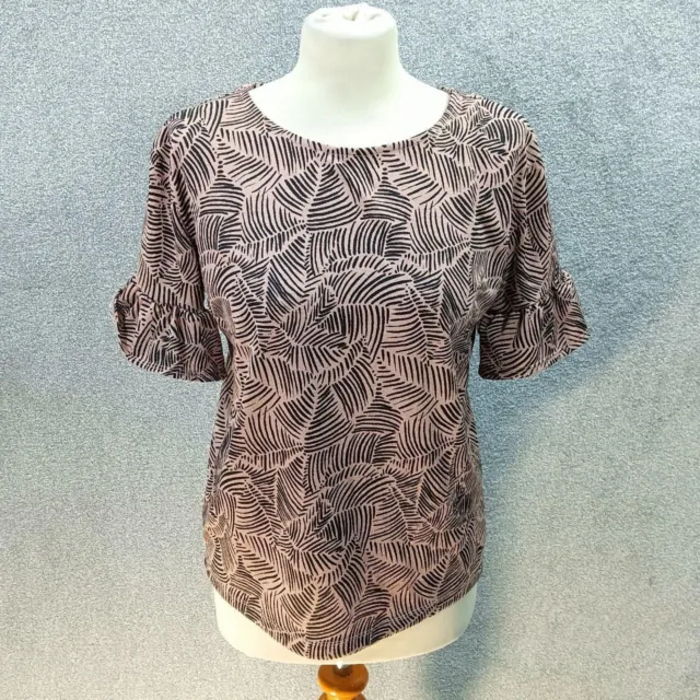 Tu Brown Tropical Tshirt Blouse Woven Short Sleeve Frill Y2K All Over Uk 8