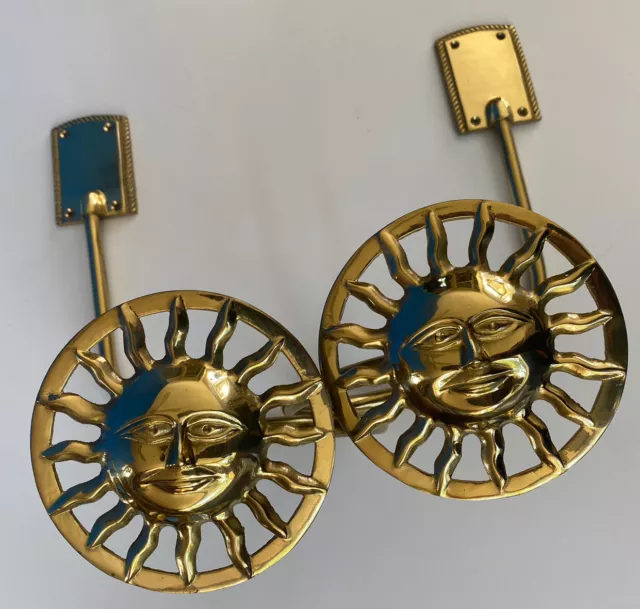 2 Vintage Brass Sun Face Drapery Holdbacks Curtain Tiebacks w Hardware Celestial