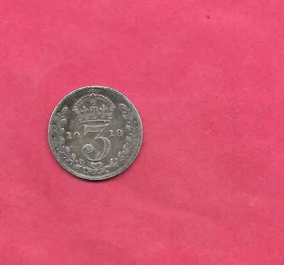 Great Britain Gb Km813 1918 Silver F Fine-Nice Old Antique 3 Pence Coin