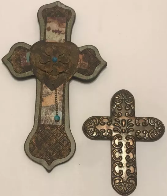 CROSSES Set of 2 Copper 9”/Wood 3D Metal 15” Decorative Christian Wall Art Cross