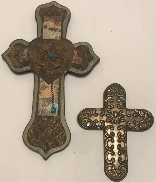 CROSSES Set of 2 Copper 9”/Wood 3D Metal 15” Decorative Christian Wall Art Cross