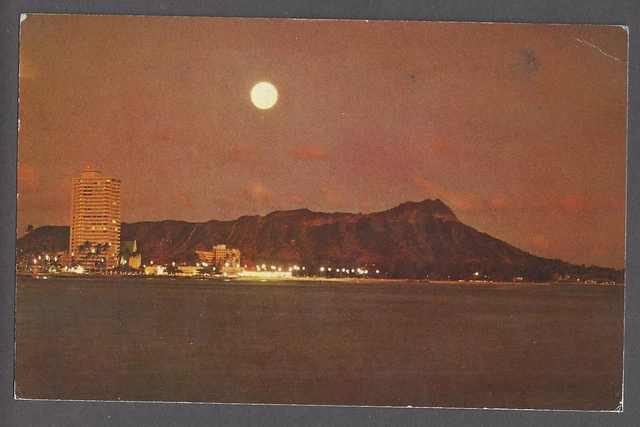Moon Over Diamond Head Hawaii Postcard Waikiki Beach in the Moonlight