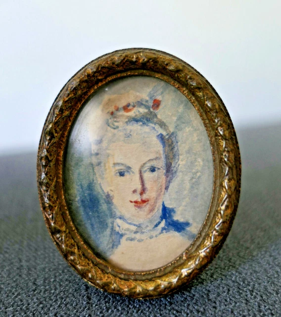 Broche Miniature Ancienne Peinte XIXe Siècle - Style Napoléon III, Travail Français - Alliage