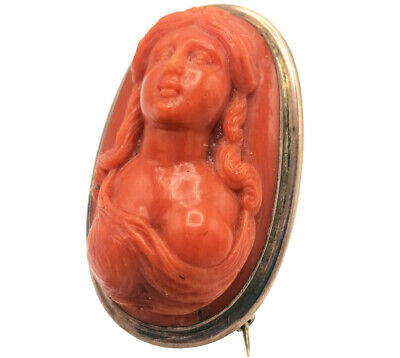 (3212) Antique Italian Coral Cameo 18th century. Lady with bare breast.