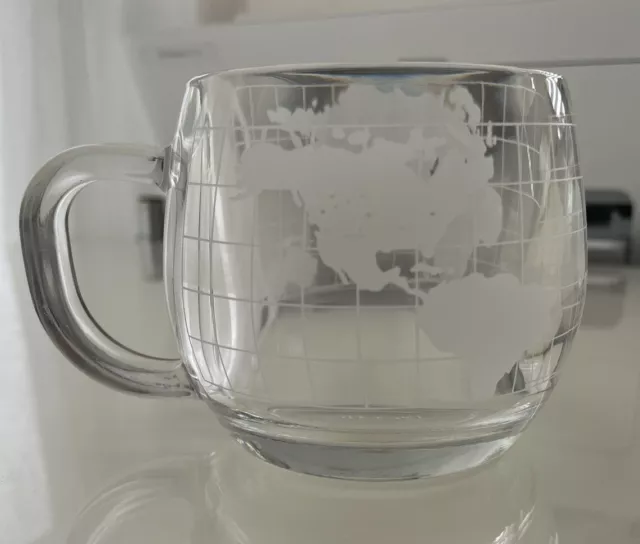 Vintage Nestle Nescafe Etched Clear Glass World Globe Coffee Mug Cup