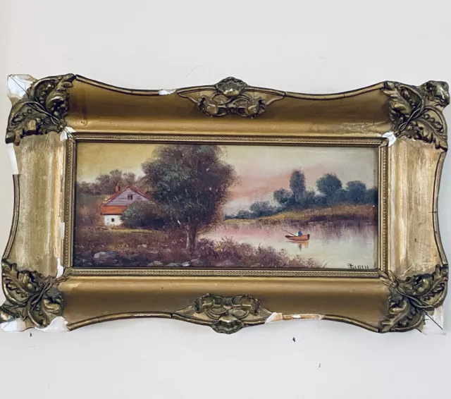 19th Century Thomas Birch Lake Landscape Painting Oil on Canvas Signed 19”L