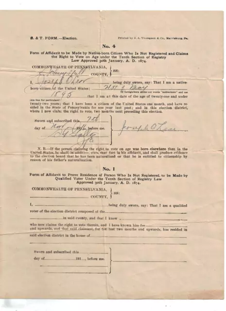 1895 S.T. Voting Election Commonwealth Of Pennsylvania Form of Affidavit