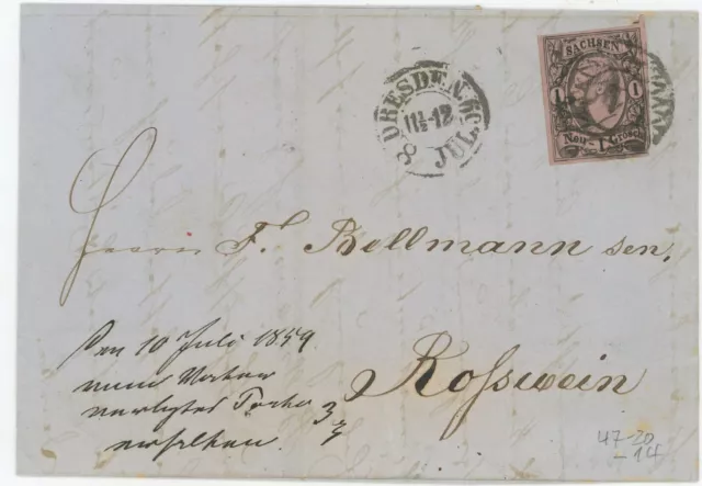 Altdeutschland Sachsen Brief Dresden Rosswein 1859