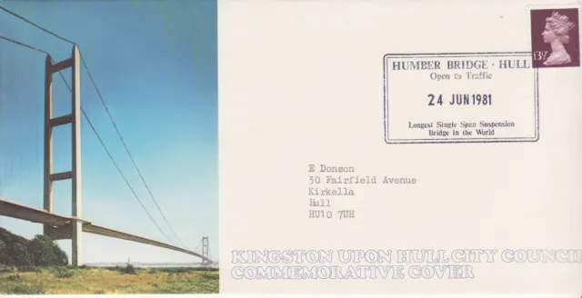 GB Stamps Souvenir Cover - Humber Bridge Open to Traffic, Hull, carried 1981