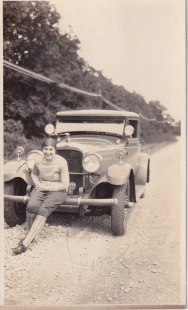 Vintage RPPC Postcard - Picture of Girl With Early Auto Indian River Michigan