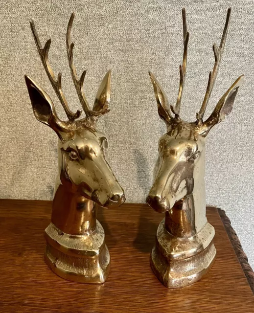 Mid Century Pair Brass Stag Buck Deer Head Bookends