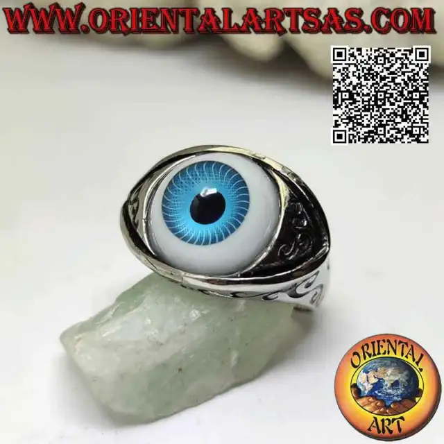 Anello in acciaio chirurgico (316L) a forma di occhio azzurro sporgente con palp