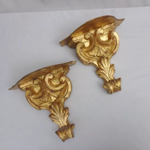 Pair of Italian Gilt Rococo Wall Shelf Sconces Signed Florentia