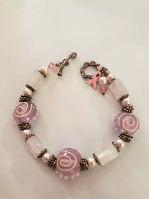 Murano Glasse & Rose Quartz Sterling Silver Bracelet Breast Cancer Awareness