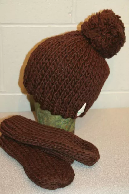 NOS VTG 70s 2pc Set HAT MITTEN  2x THICK WOOL CABLE KNIT Brown POM STOCKING CAP