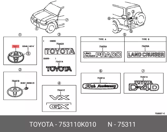 Genuine OE emblem, 753110K010 for TOYOTA 75311-0K010