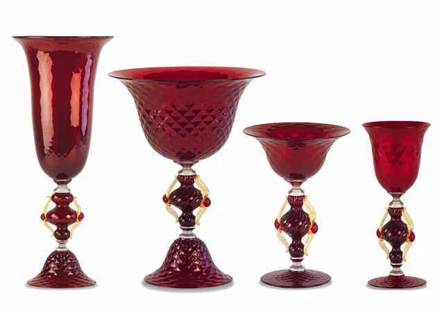 Pot Verre Coupe Et Bol Verre de Murano Rouge/Or Fait à la Main En Italie