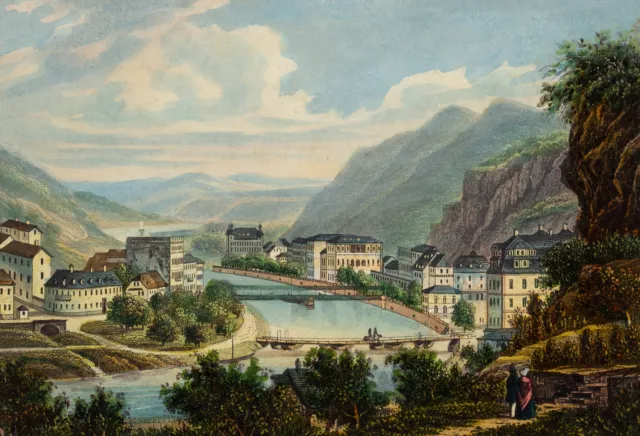 J. TANNER (*1807), Ansicht von Bad Ems, um 1840, Aquatinta Romantik Stadtbilder