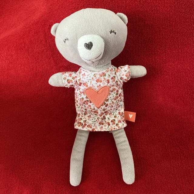 🇫🇷 Peluche doudou ours gris robe fleurs coeur orange 26 cm TAO Comme NEUF