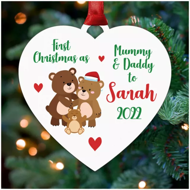 Personalised 1st First Christmas as Mummy and Daddy Family Heart Tree Decoration