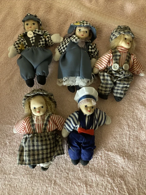 5 Vintage Mini 4" and 5" Porcelain/Bisque Head w/ Cloth Sand Filled Bodies Dolls