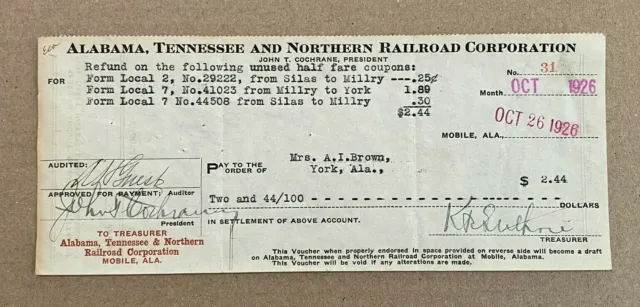 1926 check to Mrs A I Brown of York AL refund on unused fares- AT&N RR Mobile AL