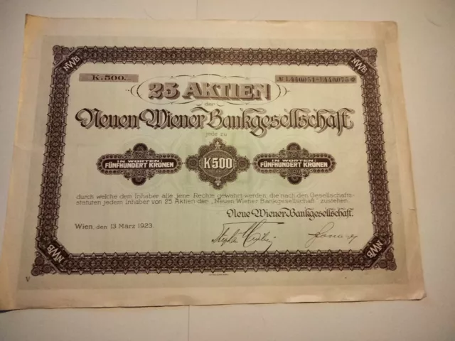25 Aktien der Neuen Wiener Bankgesellschaft seltene 500 Kronen Aktie 1923