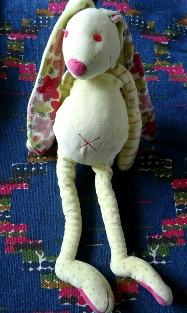 Kb/ Doudou Peluche Lapin Jaune Fleur Rose Pois Croix 40 Cm Tbe