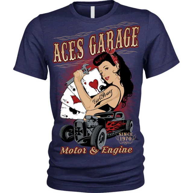 Aces Garage Rockabilly Pinup Hotrod Americano USA T-Shirt Unisex da Uomo