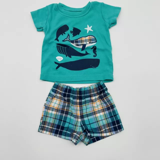 Carters Baby Infant Boys 3 Months 2 Piece Whale Print Tshirt & Plaid Shorts 865