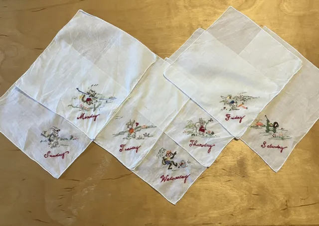 Set 7 Child's Days of the Week Vintage Embroidered Hankies Handkerchiefs Unused