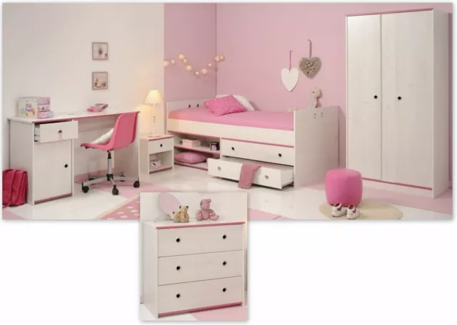 Kinderzimmer Smoozy 5-teiliges Set Jugendzimmer in Kiefer-Weiss Kanten Pink/Blau